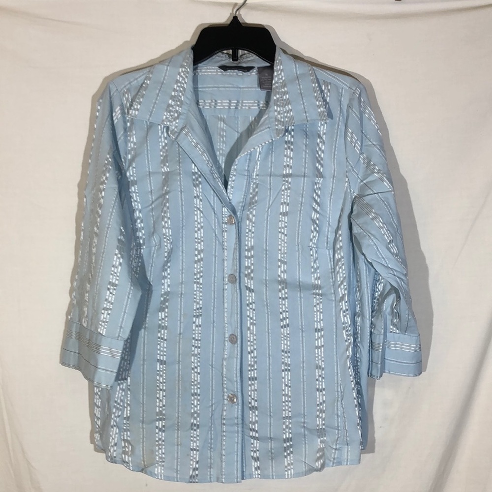 Hillard & Hanson Blue Button Up V-neck Blouse